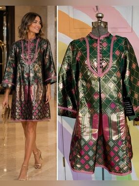 Tuckernuck Green and Pink Metallic Diamond-Print Fit-and-Flare Dress